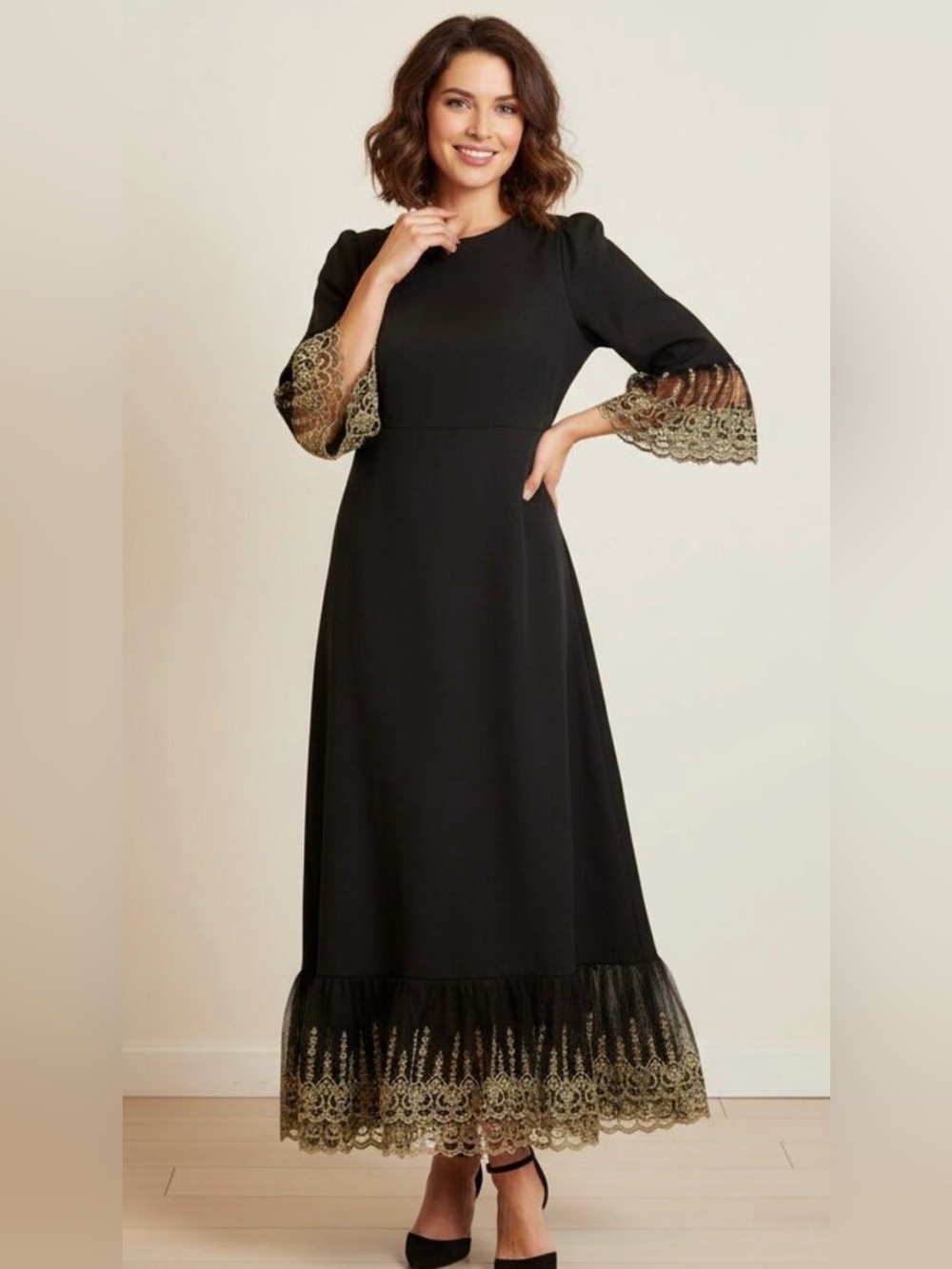 Pomander Place Black Maxi Dress with Gold Lace Accents